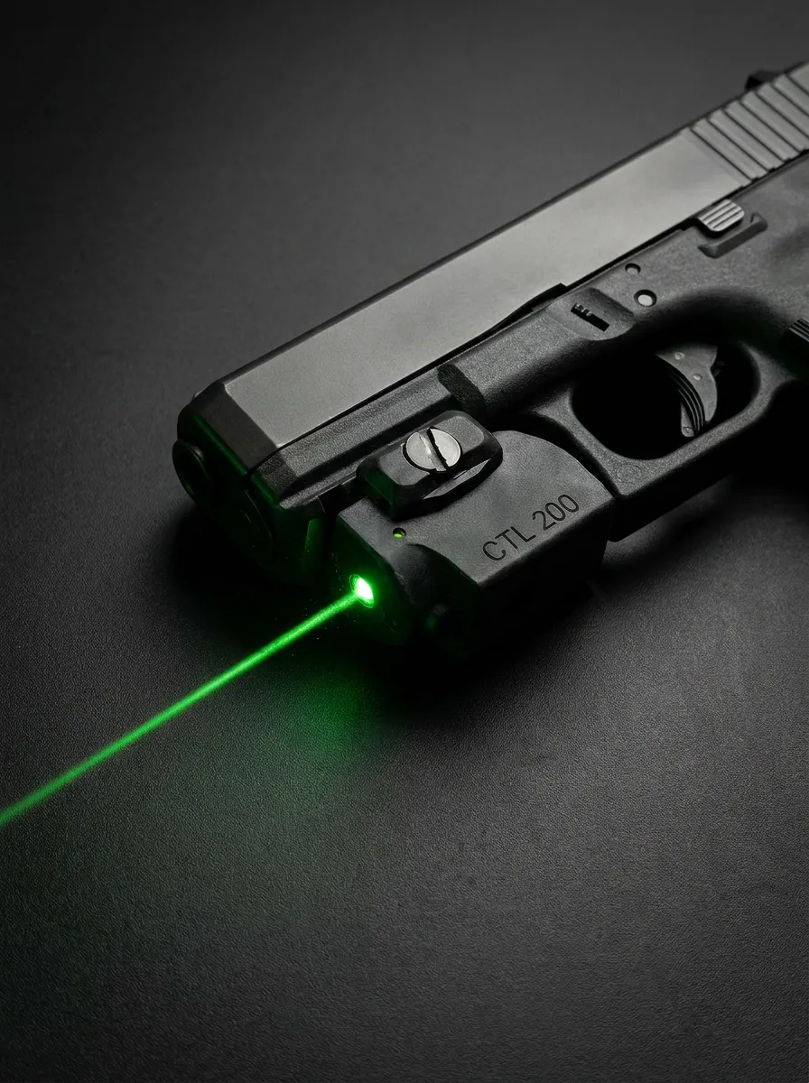 Handgun with a CTL-200 mounted on the rail, green laser on and aimed downrange