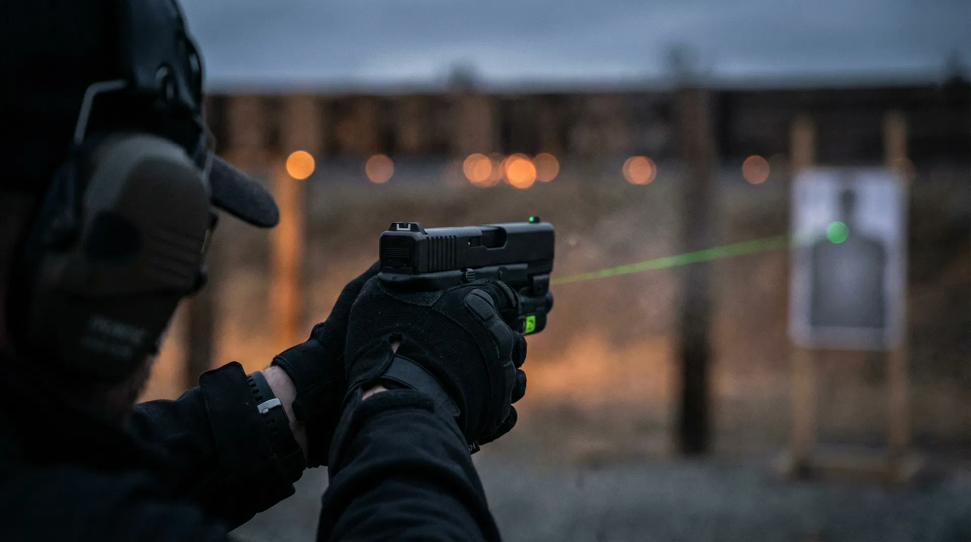 Shooter at an indoor range with a CTL-200 green laser on the target